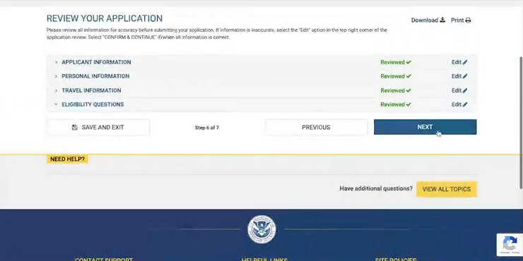 Que poner en REVIEW-YOUR-APPLICATION cuando sacamos la visa ESTA WAIVER de USA