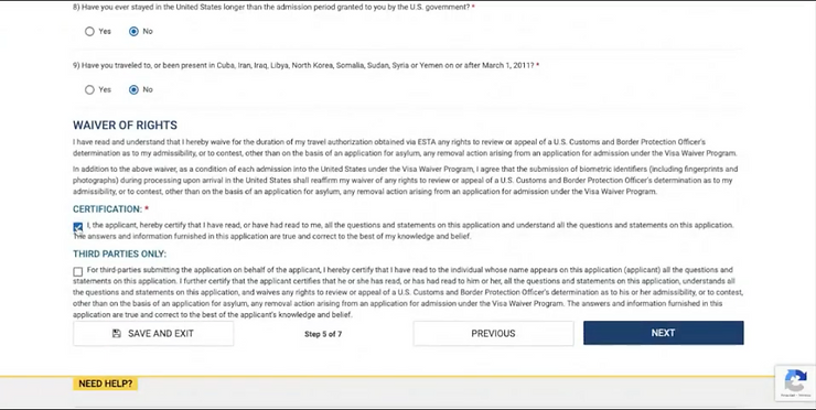 Que poner en WAIVER-OF-RIGHTS cuando sacamos la visa ESTA WAIVER EN USA